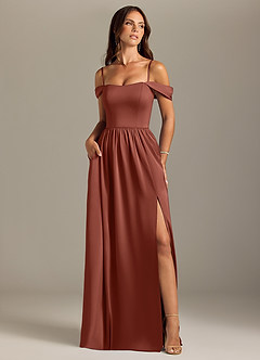 Azazie Calianna Bridesmaid Dresses Auburn A-Line Off the Shoulder Stretch Satin Convertible Dress image5