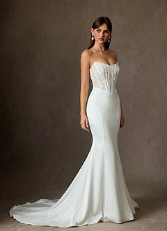 Azazie Yamelle Vestidos de novia Vestido de Blanco Diamante Champán de Satén de Corte Sirena con Vestidos sin tirantes image1