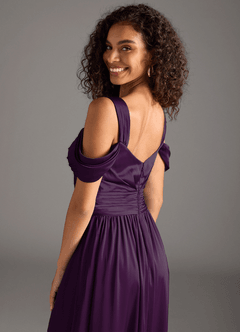 Azazie Lianne Bridesmaid Dresses Grape A-Line Off the Shoulder Stretch Satin Dress image4