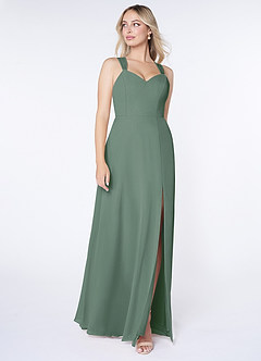 Azazie Jane At-home Try On Dresses Matcha A-Line V-Neck Pleated Chiffon Dress image3