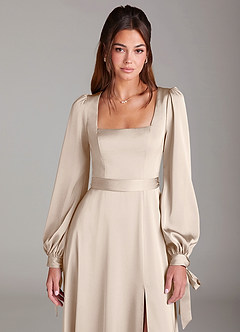 Azazie Leonia Bridesmaid Dresses White Alabaster A-Line Long Sleeve Stretch Satin Dress image6