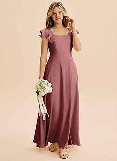 Azazie Bondi Junior Vestido Ametista de Cetim elástico de Linha A com Fenda Lateral image4