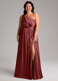 Azazie Brooke Robes de demoiselle d'honneur Robe Trapèze en Satin extensible Asymétrique Terracotta image9
