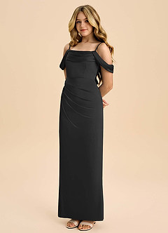 Azazie Saige Junior Black Sheath Off the Shoulder Stretch Satin Dress image1