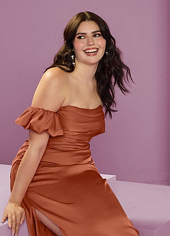 Barbie ♥ Azazie Jurken voor bruidsmeisjes Converteerbaar Jurk van Stretch Satijn met Kolom Off the Shoulder Ceder Roos image16