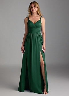 Azazie Chanel Final Sale Dark Green A-Line Pleated Stretch Satin Dress image5