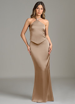 Azazie Francesca Robes de demoiselle d'honneur Robe Fourreau en Satin extensible Taupe image1