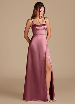 Azazie Halsey Bridesmaid Dresses Desert Rose A-Line Side Slit Metallic Satin Dress image1