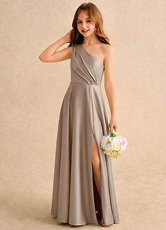 Azazie Puddles Girls Formal Flower Girl Dresses Taupe A-Line One Shoulder Stretch Satin Dress image3