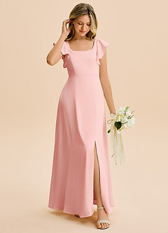 Azazie Bondi Junior Powder Pink A-Line Side Slit Stretch Satin Dress image3