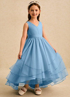 Azazie Seraphina vestidos de niña de las flores Vestido Azul Acero de Tul de Corte en A con Plisado image3