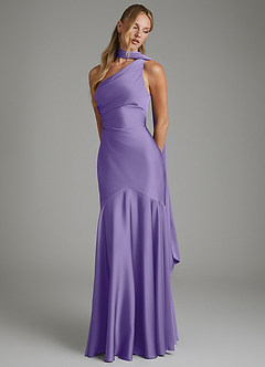 Azazie Amara Vestidos de damas de honor Vestido Tahití de Satén Elástico de Corte Sirena con Un hombro image4