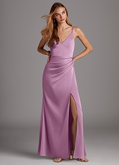 Azazie Shania Bridesmaid Dresses Wisteria Sheath V-Neck Pleated Stretch Satin Dress image3