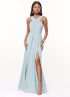 Azazie Brandie Vestidos de damas de honor Vestido de Azul Cielo de Chifón elástico de Corte en A con Plisado image1
