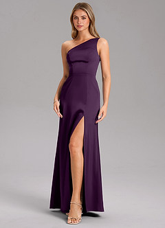 Azazie Feby Bridesmaid Dresses Grape A-Line One Shoulder Stretch Satin Dress image6