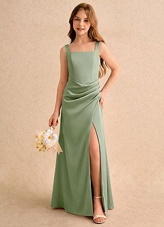 Azazie Noah Girls Formal Jurken voor bloemenmeisjes Kolom Jurk van Stretch Satijn Geplooide Stoffige Salie image3