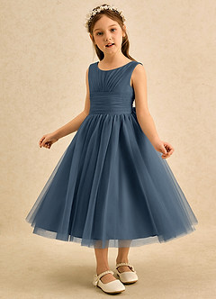 Azazie Macaron Jurken voor bloemenmeisjes A-Lijn Jurk van Tule Geplooid Neptunus image4