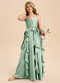 Azazie Peyton Junior Robe Trapèze en Satin extensible Plissée Agave image3