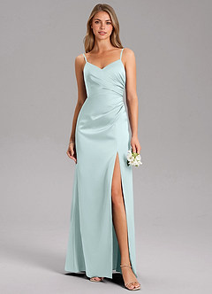 Azazie Azuree Bridesmaid Dresses Sea Glass A-Line Pleated Stretch Satin Dress image1