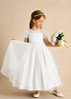 Azazie Duckie Flower Girl Dresses Ivory Ball-Gown Pleated Tulle Dress image3