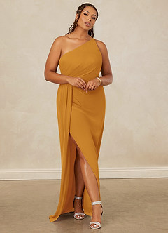 Christian Siriano Bridal for Azazie 1003 Robes de demoiselle d'honneur Robe Fourreau en Mousseline de soie Ue épaule Caramel écossais image8