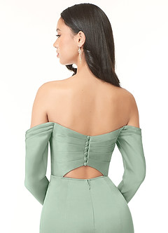 Azazie Hallie Bridesmaid Dresses Agave Sheath Off-The-Shoulder Long Sleeve Stretch Satin Convertible Dress image7