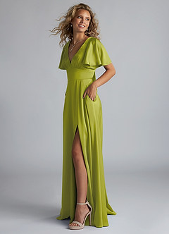 Azazie Kimber Bridesmaid Dresses Lemongrass A-Line Ruched Stretch Satin Dress image6
