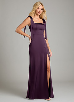 Azazie Frostine Bridesmaid Dresses Plum A-Line Bow Stretch Satin Dress image5