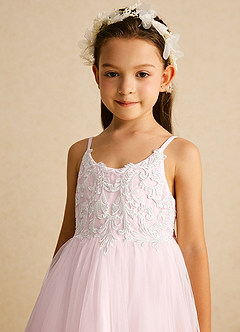 Azazie Buttercup Robe Demoiselle D'honneur Fillette Robe Trapèze en Tulle Dentelle Ivoire Rose Rougissant image3