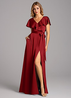 Azazie Lainey Bridesmaid Dresses Pomegranate A-Line with Pockets Stretch Satin Dress image3