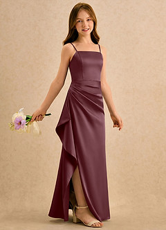 Azazie Cannoli Girls Formal Flower Girl Dresses Sangria A-Line Pleated Stretch Satin Dress image1