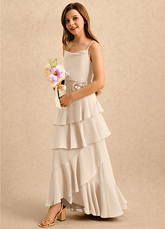 Azazie Indiah Girls Formal Flower Girl Dresses White Alabaster A-Line Ruched Chiffon Dress image4