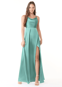 Azazie Naomie Bridesmaid Dresses Aqua A-Line Cowl Neckline Side Slit Stretch Satin Dress image1