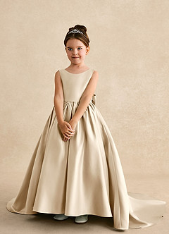 Azazie Mimia Flower Girl Dresses Champagne A-Line Bow Matte Satin Dress image3