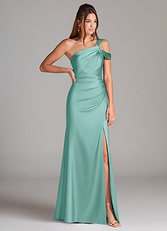 Azazie Wynter Jurken voor bruidsmeisjes Jurk van Stretch Satijn met Kolom Off the Shoulder Aqua image4