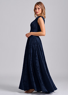 Azazie Charlize Vestidos de damas de honor Vestido de Azul Marino Oscuro de Devorado Floral de Corte en A con Hombro unilateral image3