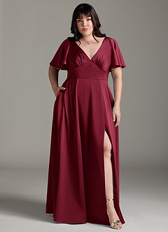 Azazie Kimber Bridesmaid Dresses Burgundy A-Line Ruched Stretch Satin Dress image1