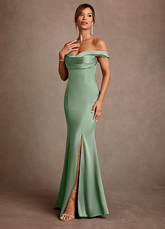 Azazie Boone Mother of the Bride Dresses Matcha Mermaid Off the Shoulder Stretch Satin Dress image4