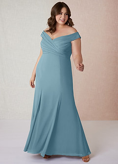 Azazie Lecia Bridesmaid Dresses Moody Blue Empire Off-The-Shoulder Pleated Chiffon Convertible Dress image8