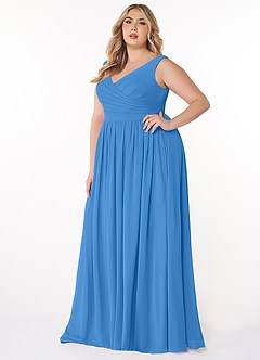 Azazie Keyla Vestidos de damas de honor Vestido de Azul Grisaceo de Gasa de Corte en A con Cuello en V Plisado image8