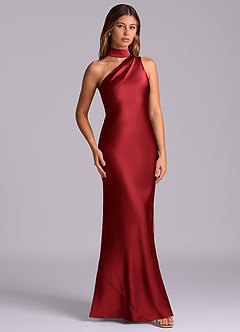 Azazie Seona Vestidos de madrinha de casamento Vestido Escarlate de Cetim elástico de sereia com Ombro Único image3