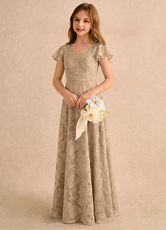 Azazie Narin Girls Formal Flower Girl Dresses Champagne A-Line with Sleeves Floral Burnout Dress image4