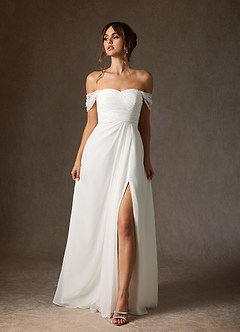 Azazie Zadie Wedding Dresses Diamond White A-Line Off the Shoulder Chiffon Dress image3