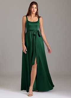 Azazie Elliott Bridesmaid Dresses Dark Green A-Line with Pockets Stretch Satin Dress image5
