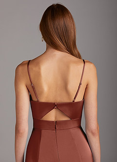 Azazie Shania Bridesmaid Dresses Auburn Sheath V-Neck Pleated Stretch Satin Dress image4