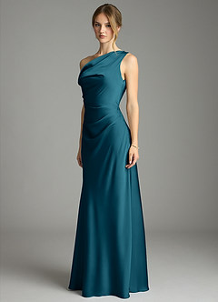 Azazie Emerson Bridesmaid Dresses Ink Blue Mermaid Off the Shoulder Stretch Satin Dress image2