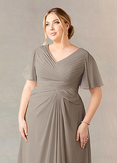 Azazie Morning Glory Mother of the Bride Dresses Taupe A-Line V-Neck Ruched Chiffon Dress image9