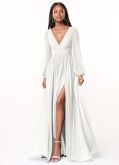 Azazie Norah Abiti da Damigella Abito A-Line in Chiffon con Maniche lunghe e Scollo a V Bianco image1