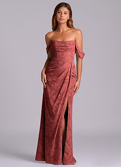 Azazie Johana Robes de demoiselle d'honneur Robe Sirène Convertible en Blumen-Burnout Épaules dénudées Terracotta image1