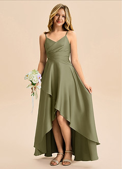 Azazie Eirlys Junior Vestido Pistache de Cetim elástico de Linha A com Plissado image1